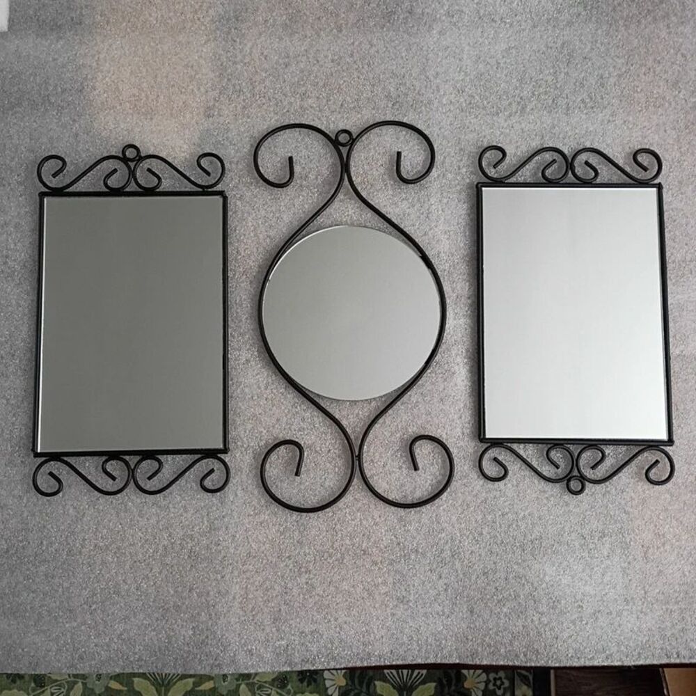 NEW Black Ornate 3 Piece Metal Wall Mirror Set Home Decorations - Picture 7 of 12